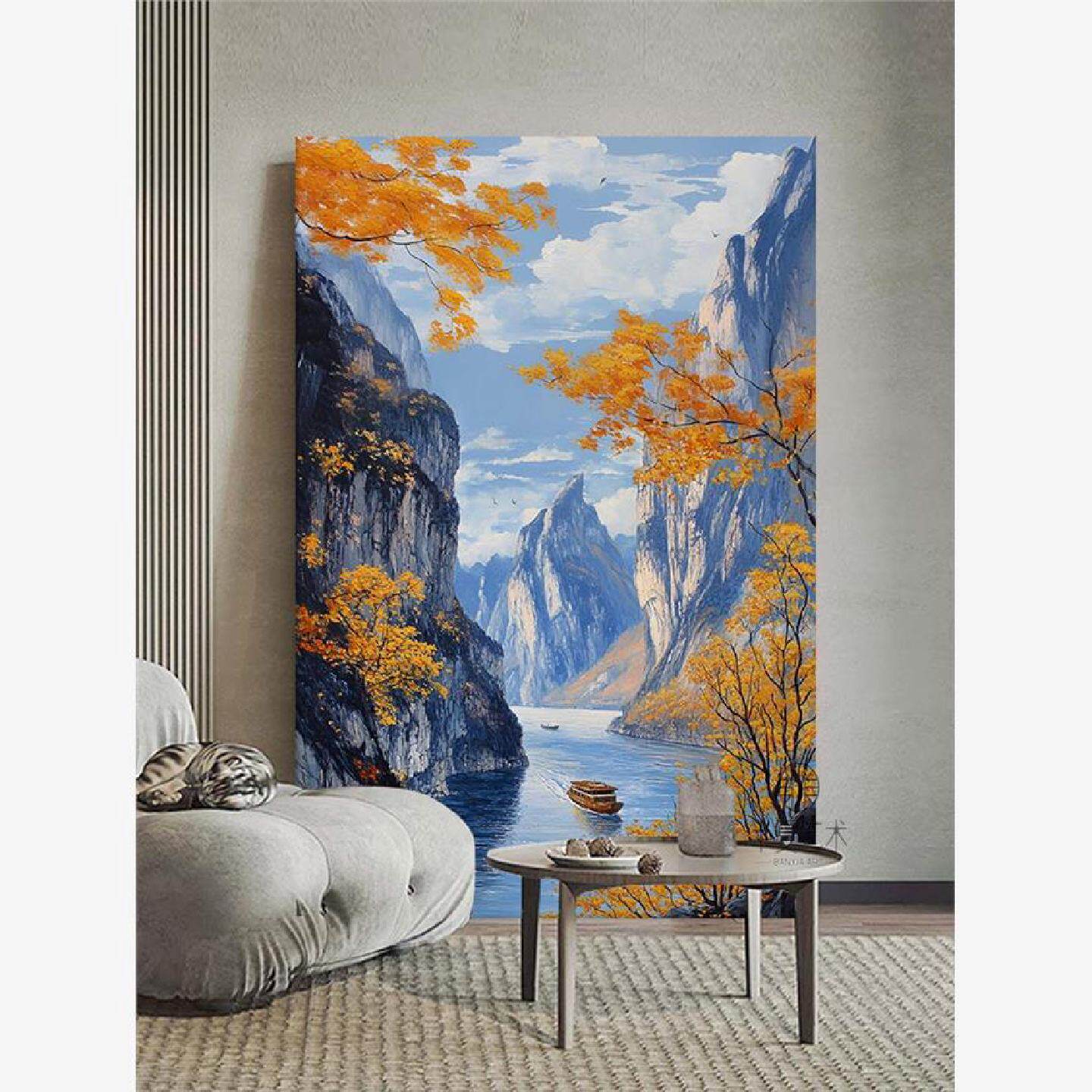 山水风景新中式玄关手绘油画高级感肌理客厅装饰画茶室楼梯间挂画