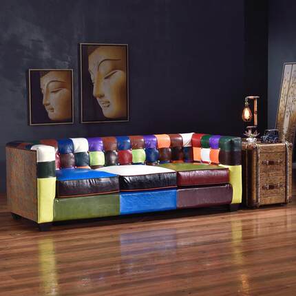 美式乡村loft工业风创意个性复古做旧拼色皮艺方型拉扣设计师沙发