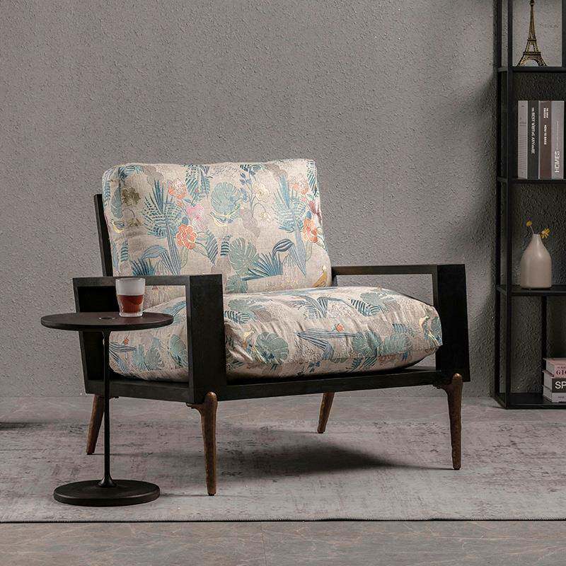 北欧表情实木客厅休闲椅懒人沙发椅子轻奢刺绣布艺单人书椅洽谈椅