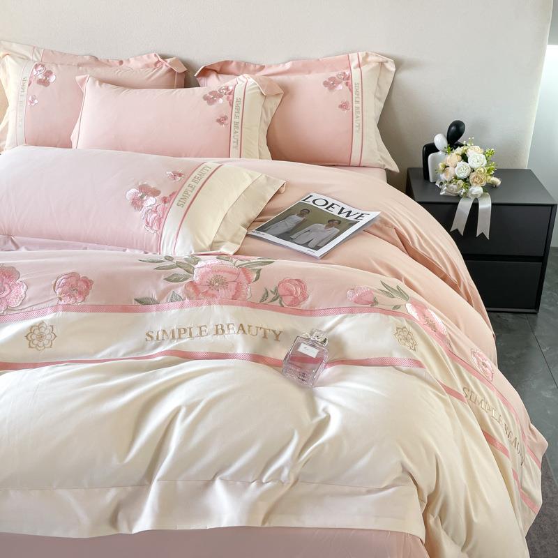 秋冬季A类长绒棉全棉磨毛四件套轻奢纯棉刺绣被套床单床笠四件套