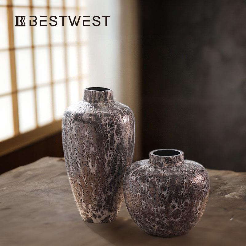 中式做旧梅花插花玻璃花瓶摆件展厅售楼处软装饰品花器