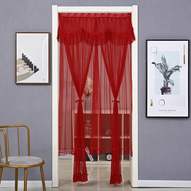 免打孔婚庆用品大红门帘结婚房喜庆防蚊纱蕾丝帘隔断帘家用长陵星