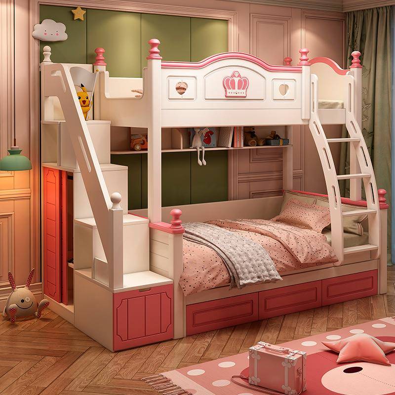 儿童床上下床女孩高低双层床公主床实木子母床上下铺带护栏1.5米