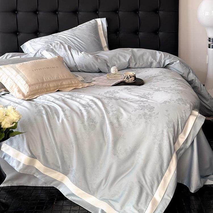 1高端轻奢100支长绒棉四件套 全棉提花贡缎极简纯色裸睡被套四季