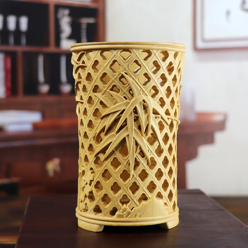 黄杨木雕笔筒摆件节节高升五牛木质笔插商务办公室文房送礼工艺品