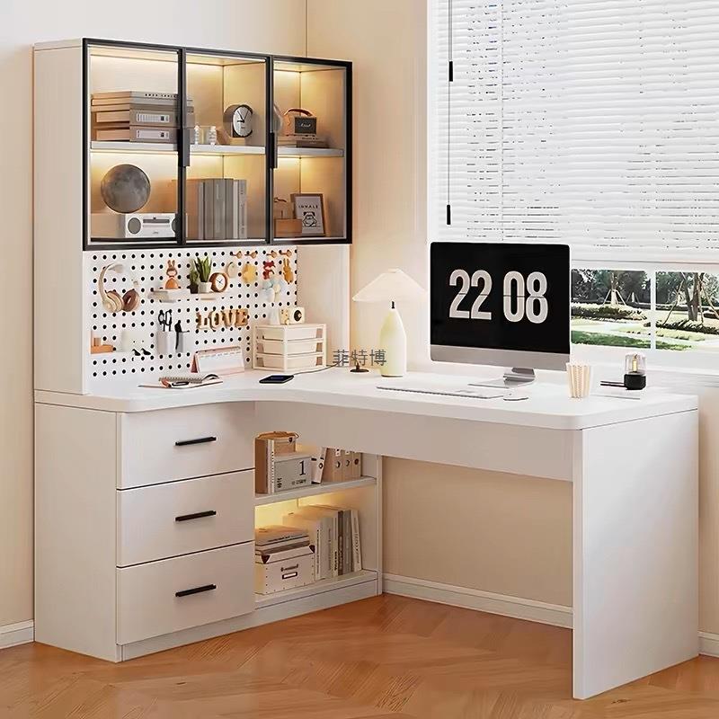 转角书桌洞洞板家用书桌书架书房一体简约轻奢学习桌成套电脑桌子