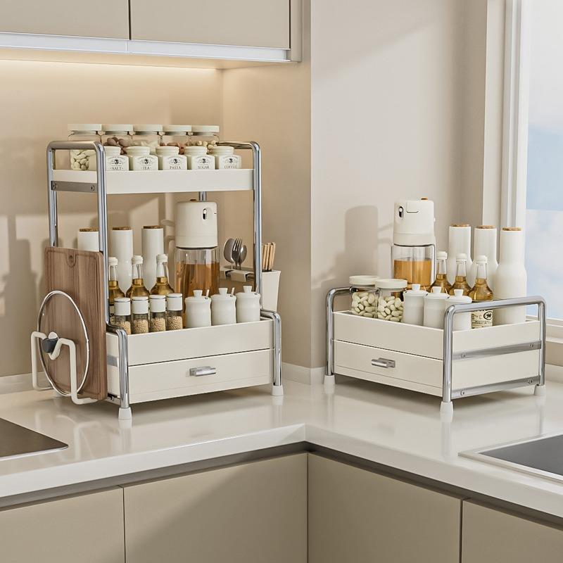 奶油白厨房调料多层置物架台面调味品收纳抽屉柜多功能酱醋油瓶罐