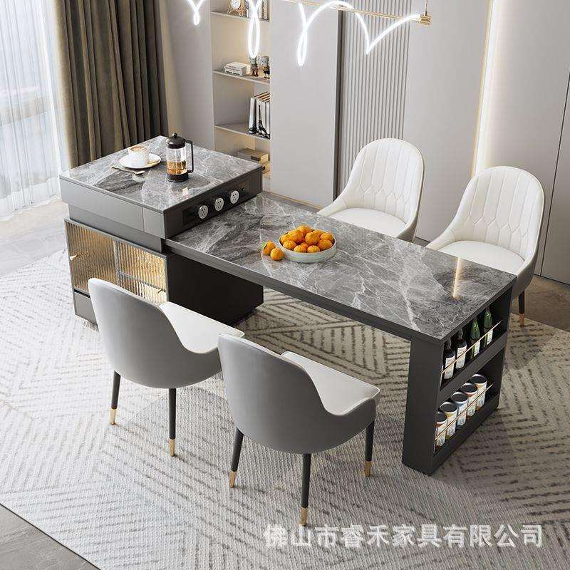 轻奢岩板岛台餐桌一体可伸缩实木多功能小户型厨房吧台桌饭桌餐桌