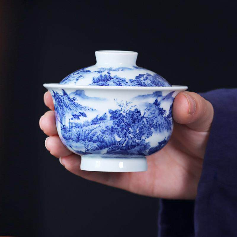 青花瓷手绘山水二才盖碗陶瓷纯手工带内绘中式泡茶碗单个复古茶具