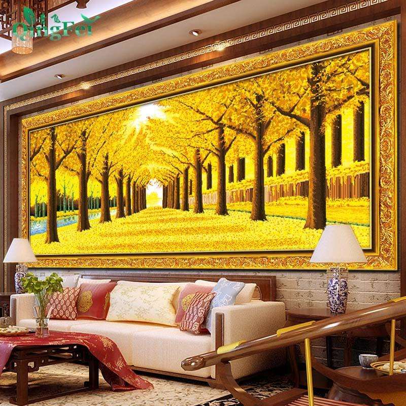 青飞精准印布金光大道十字绣发财树黄金满地横版挂画手工线绣越南