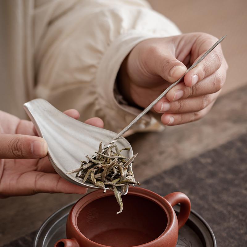 新中式锡制莲瓣型茶则带茶拨 赏茶荷茶勺工夫茶道零配分茶器
