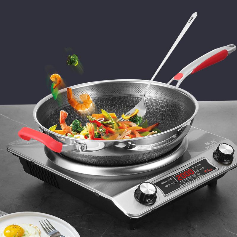 新品316不锈钢家用圆底炒锅凹面电磁炉专用不粘炒锅加厚炒菜锅