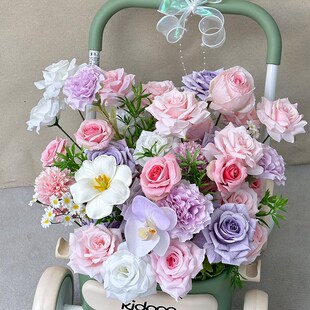 童车花艺宝宝周岁宴礼物kidpop学步车生日场景布置装饰仿真花摆件