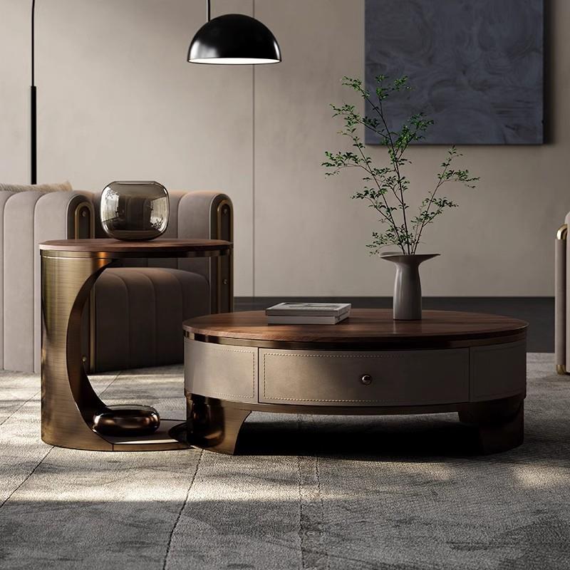 意式极简实木茶几黑胡桃木圆形茶几别墅客厅轻奢天然大理石茶几