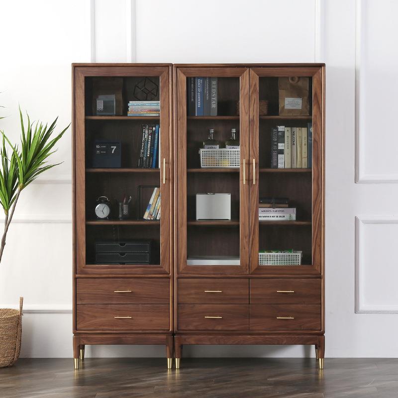 北欧全实木黑胡桃木书柜边柜简约现代玻璃门书架白橡木置物架储物