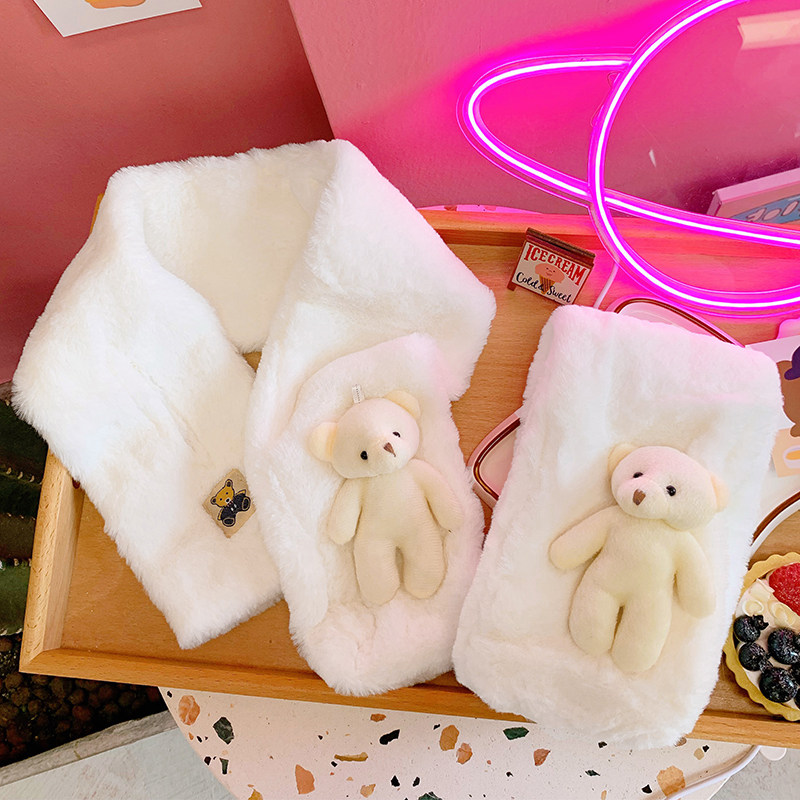 秋冬季毛绒围脖女可爱圣诞少女心冬天交叉百搭小熊围巾韩版ins潮