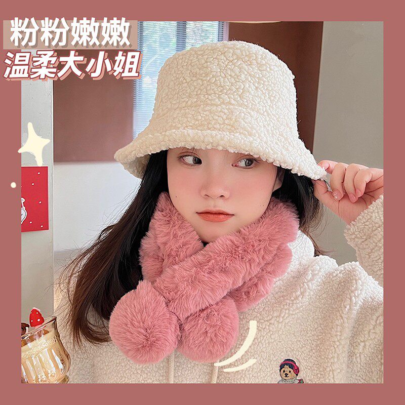 ins风简约百搭交叉围脖女可爱韩版冬天毛绒围巾甜美日系毛球护脖