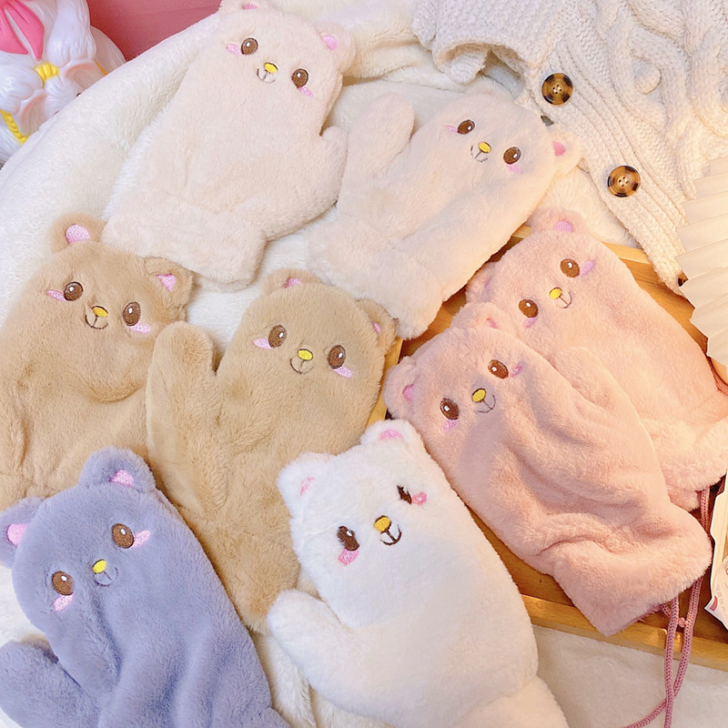 冬天可爱韩版卡通小熊加绒加厚保暖骑单车手套全指少女心挂脖手套