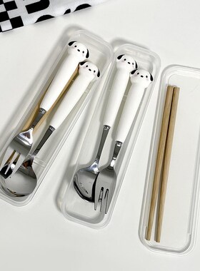 可爱小狗餐具套装三件套不锈钢学生宿舍勺子叉子筷子一人用便携式