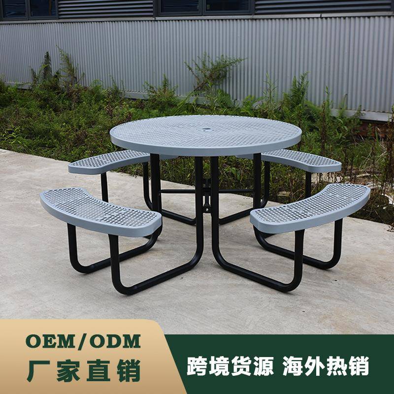 46”钢制热塑性户外桌子商用室外重型圆形野餐桌膨胀金属桌椅套组