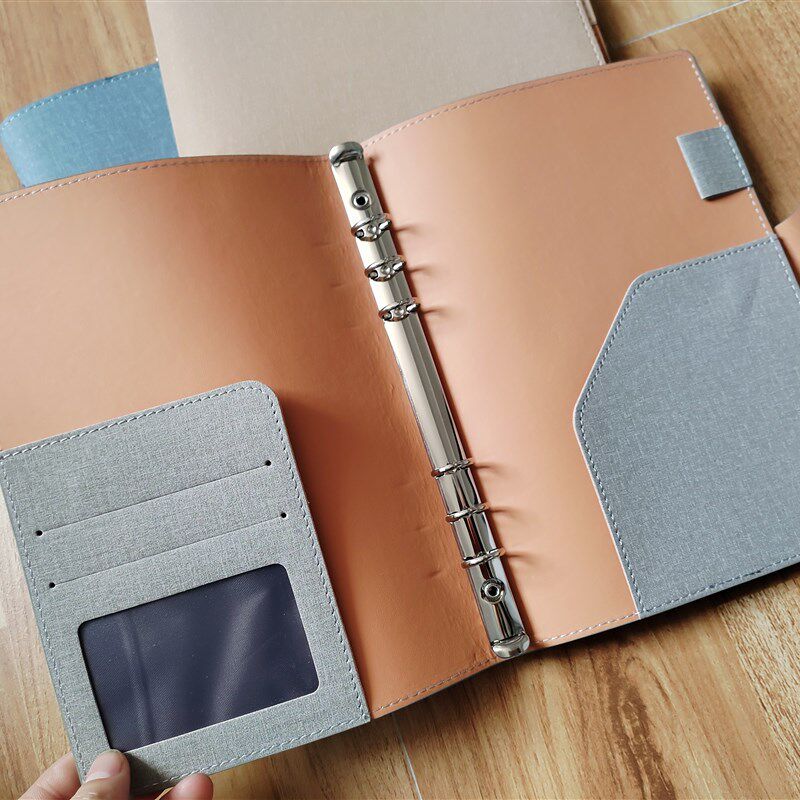 B5九孔活页本外壳 m软皮面带名片位可插笔 9孔 金属铁夹6孔A5 薄