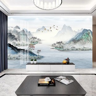 墙纸定制中e式 3d立体水墨山水电视背景墙壁纸客厅壁布卧室墙布壁