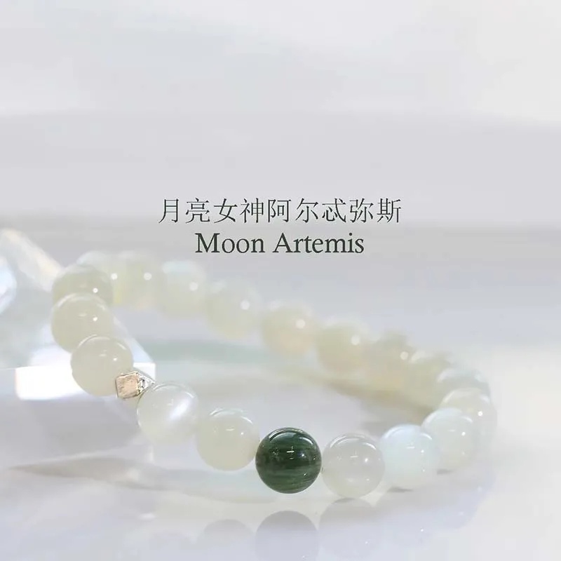 【月光女神】天然猫眼白月光石绿发晶手串手链新中式气质手饰礼物