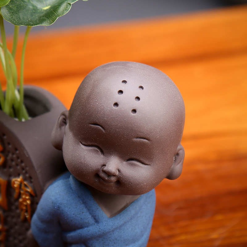紫砂茶宠摆件精品 可养 小和尚茶台创意水培插花茶具装饰迷你花器
