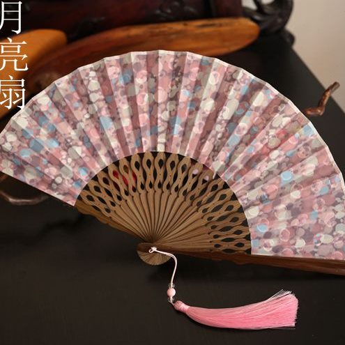 紫色粉汉服古典76寸心扇折叠扇布美少女竹扇夏季精柄日用折扇女折