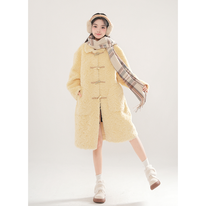 芒果舒芙蕾 韩系慵懒秋冬软糯撞色牛角扣毛毛外套女加厚毛绒大衣