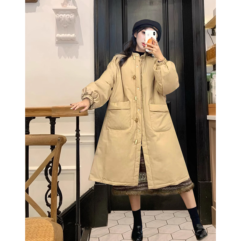 小个子牛角扣立领加厚中长款外套女冬季新款宽松显瘦加厚保暖棉服