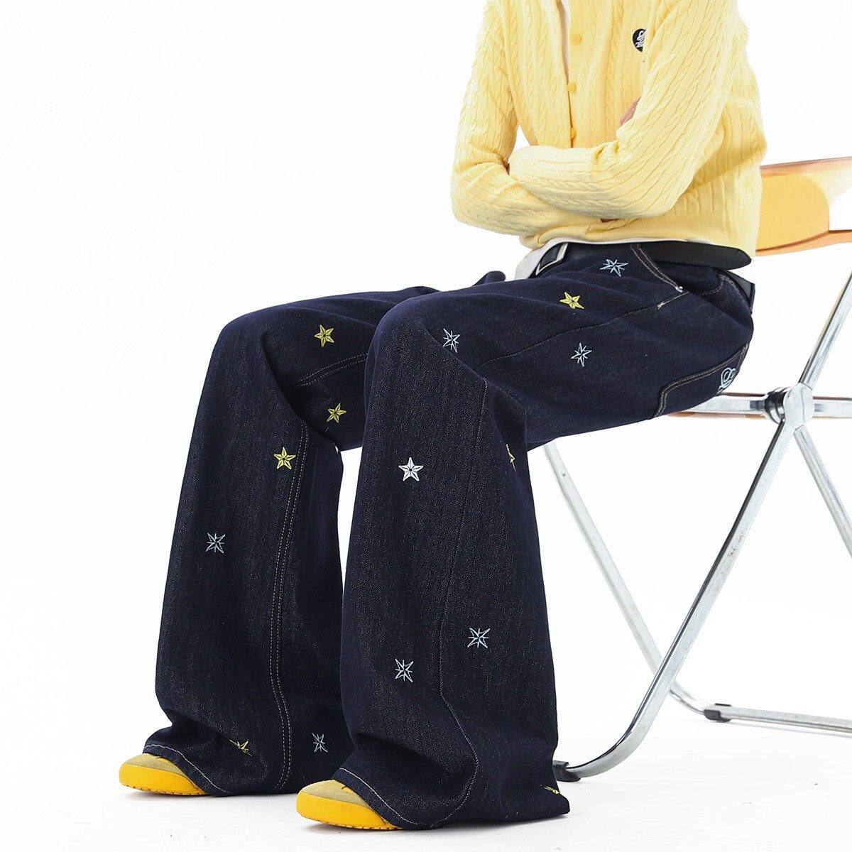 美式高街星星刺绣牛仔裤女男春季潮牌宽松休闲裤直筒显瘦微喇叭裤