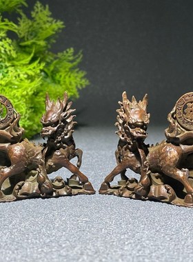 复古鎏金老铜器招财纳福麒麟一对实心G古玩旧货老铜器摆件瑞兽福