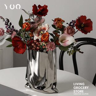 摩登现代创意褶皱纸袋花器陶瓷家居工艺品装 饰摆件餐桌茶几花瓶