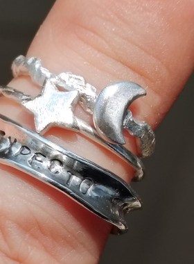 手工999足银i月亮星星太阳爱心不规则肌理纹开口戒指男女戒子定制