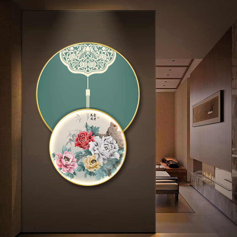 花开富贵玄关装饰画牡丹挂画新中式入户走廊过道背景墙圆形壁灯画图片