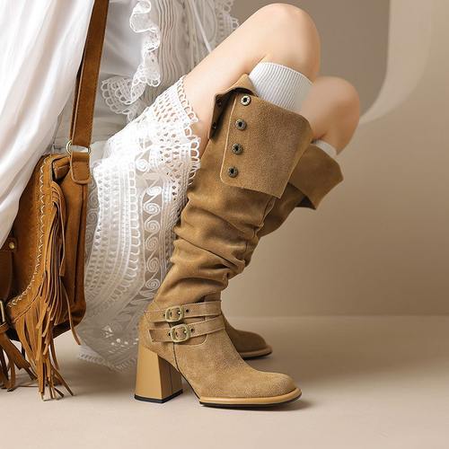 靴秋冬哥季女手工靴长筒复古猫高筒粗跟圆头过膝磨砂两堆堆女鞋穿