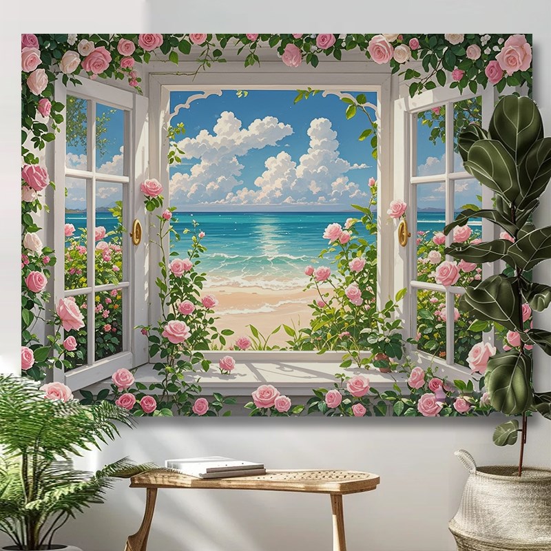 欧式梦幻玫瑰窗户背景布浪漫挂布房间卧室装饰画布直播拍照墙布艺图片
