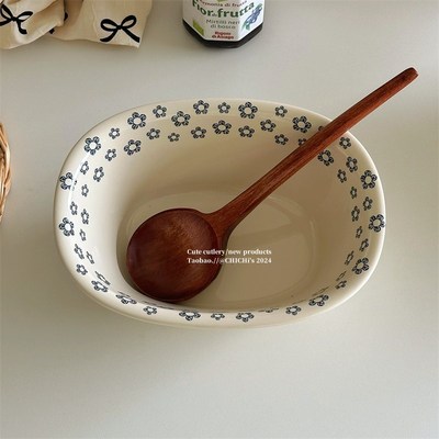 复古小蓝花小浴缸造型深碗日式椭圆陶瓷碗焗碗釉下彩面碗水果碗