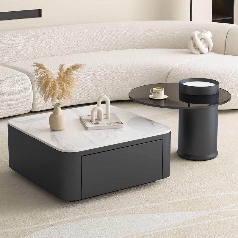 意式高档方形岩板茶几现代简约客厅家用小户型可旋转玻璃茶几组合