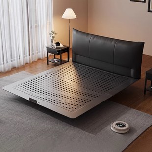 红晟碳素钢悬浮床架意式 极简软包铁艺床轻奢真皮悬空Z床政府补贴