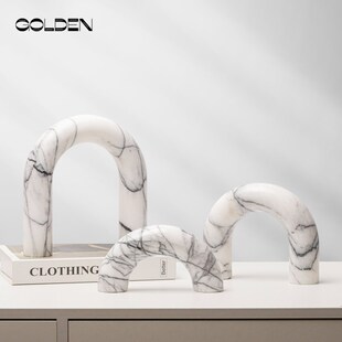 几何半圆b拱形装 摆设品黄洞石手工艺 饰摆件样板间客厅博古架软装