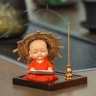 创意中式和尚摆件家用室内线香薰炉沙弥小和尚香插香器托盘插香座
