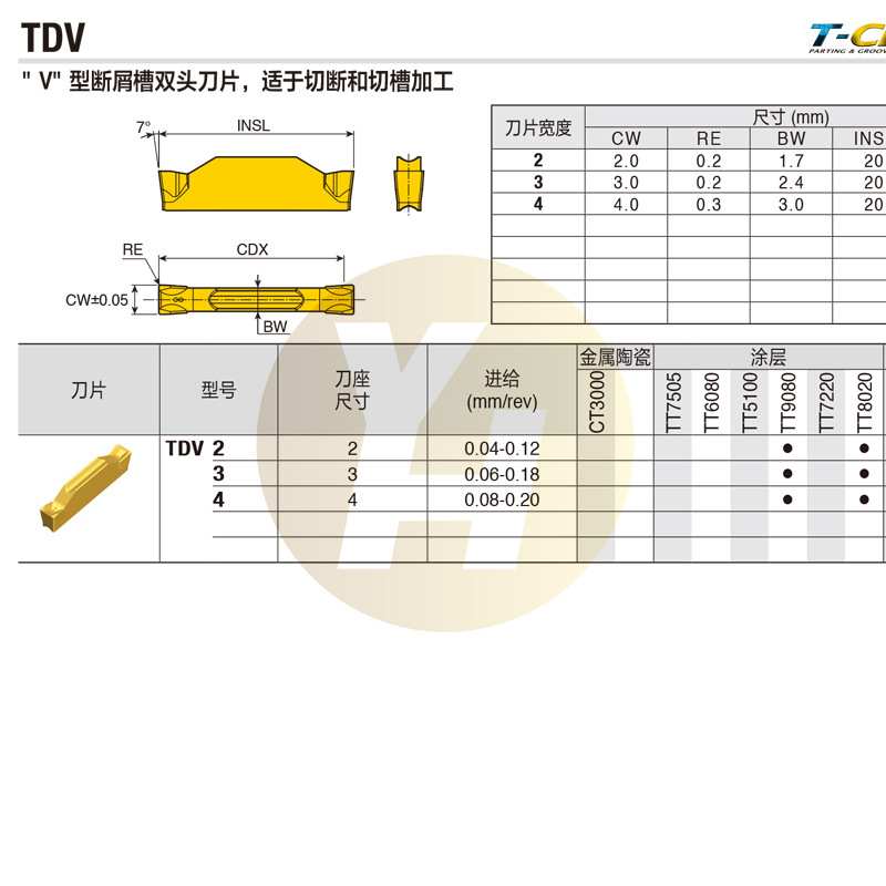 韩国特固克数控切槽刀片 TDV 2 TT8020 断屑槽双头V型外圆加工