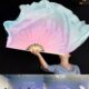 花粉真丝渐变舞古典舞扇夏如中国古风加长蓝跳舞扇秧歌扇子胶生州