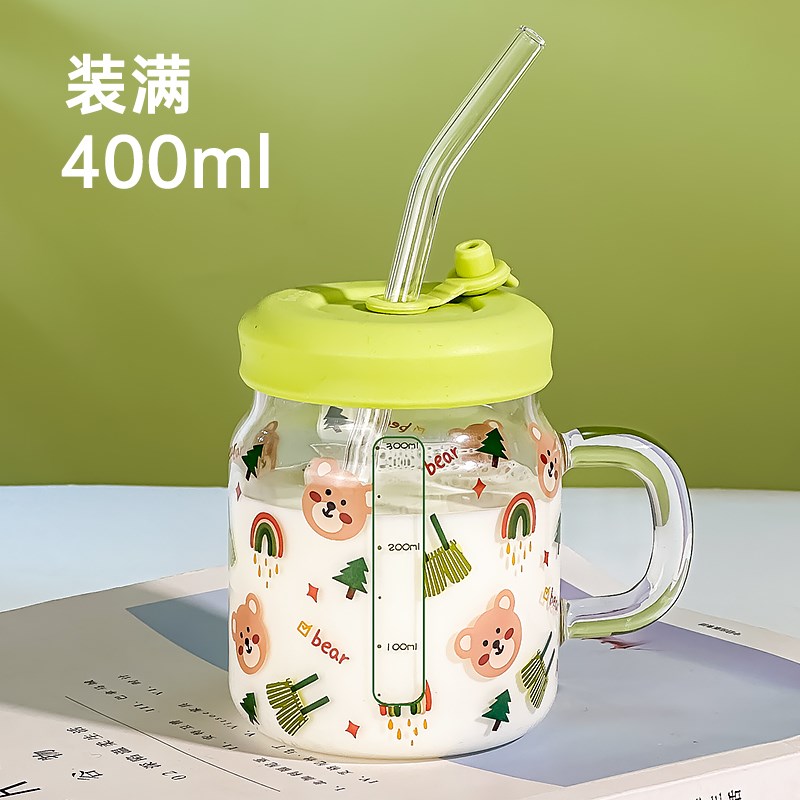吸管玻璃杯女202m4新款牛奶杯带刻度森系水杯微波炉加热办公室杯