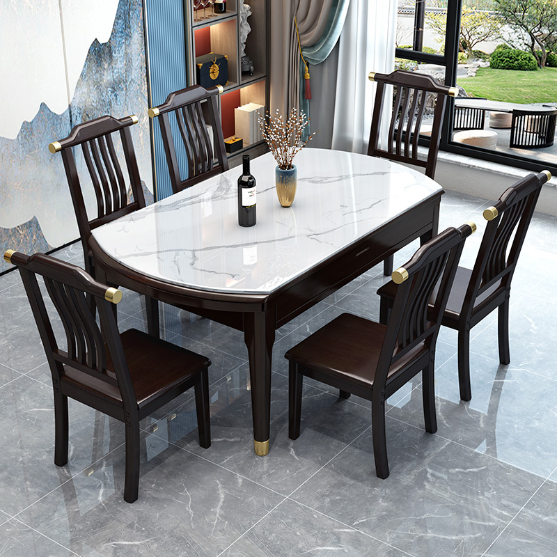 新中式岩a板餐桌椅组合现代简约小户型家用饭桌伸缩折叠实木圆桌