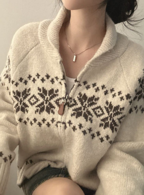 韩国chic秋冬小众复古撞色提花设计宽松百搭长袖针织衫毛衣外套女