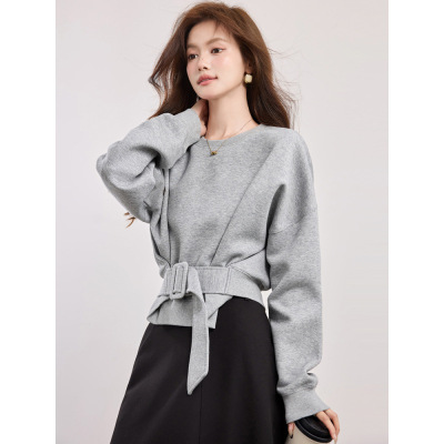 蝙蝠袖腰带短款上衣设计感小众2025新款灰色圆领卫衣女潮