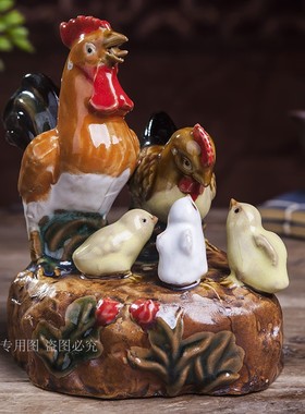 田园风庭院假山盆景o搭配小动物鸡摆件石湾陶瓷书房书桌装饰品摆